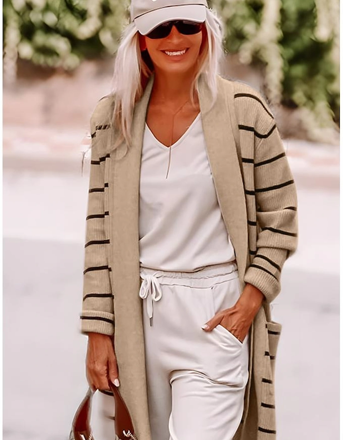 Black Stripe Shawl Neckline Open Cardigan with Pockets