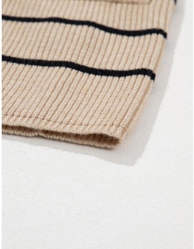 Black Stripe Shawl Neckline Open Cardigan with Pockets