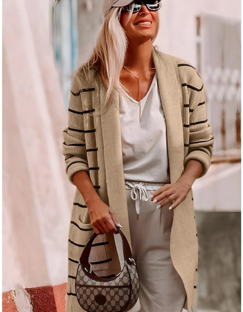 Black Stripe Shawl Neckline Open Cardigan with Pockets