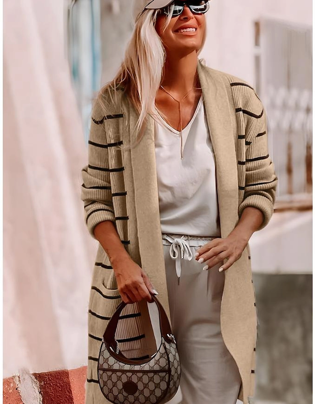 Black Stripe Shawl Neckline Open Cardigan with Pockets