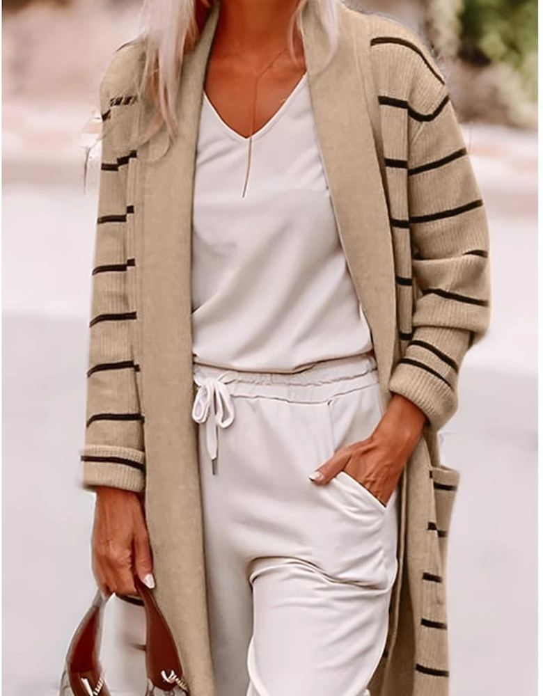 Black Stripe Shawl Neckline Open Cardigan with Pockets