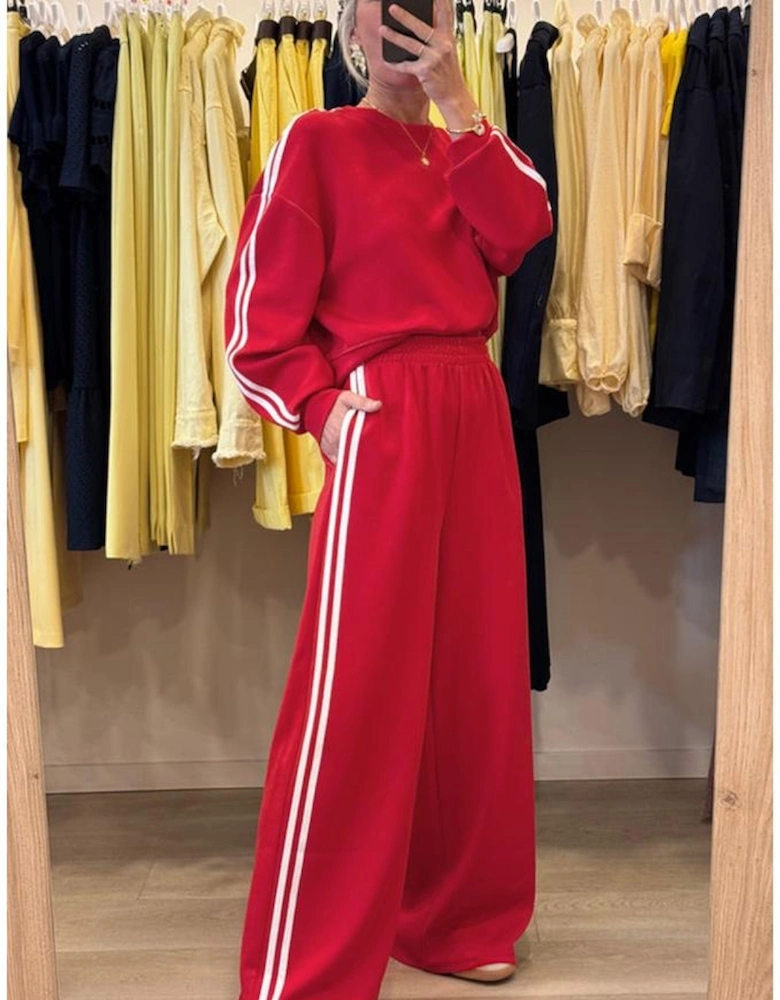 Fiery Red Varsity Striped Detail Crewneck Pullover Elastic Sweatpants 2pcs Outfit