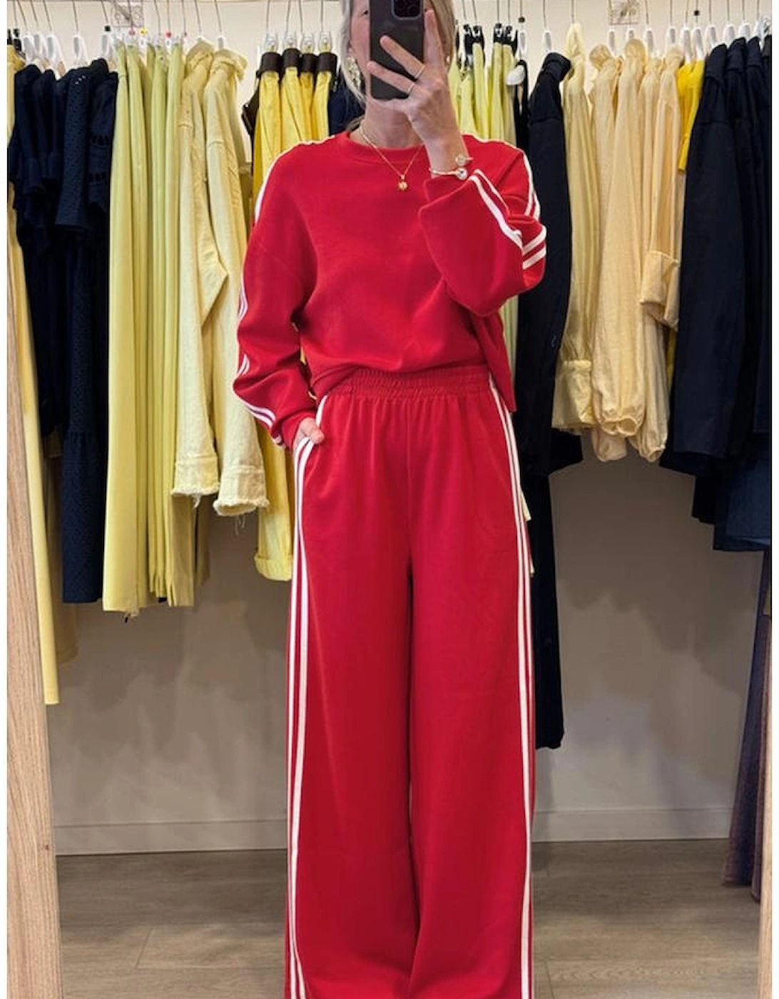 Fiery Red Varsity Striped Detail Crewneck Pullover Elastic Sweatpants 2pcs Outfit, 5 of 4