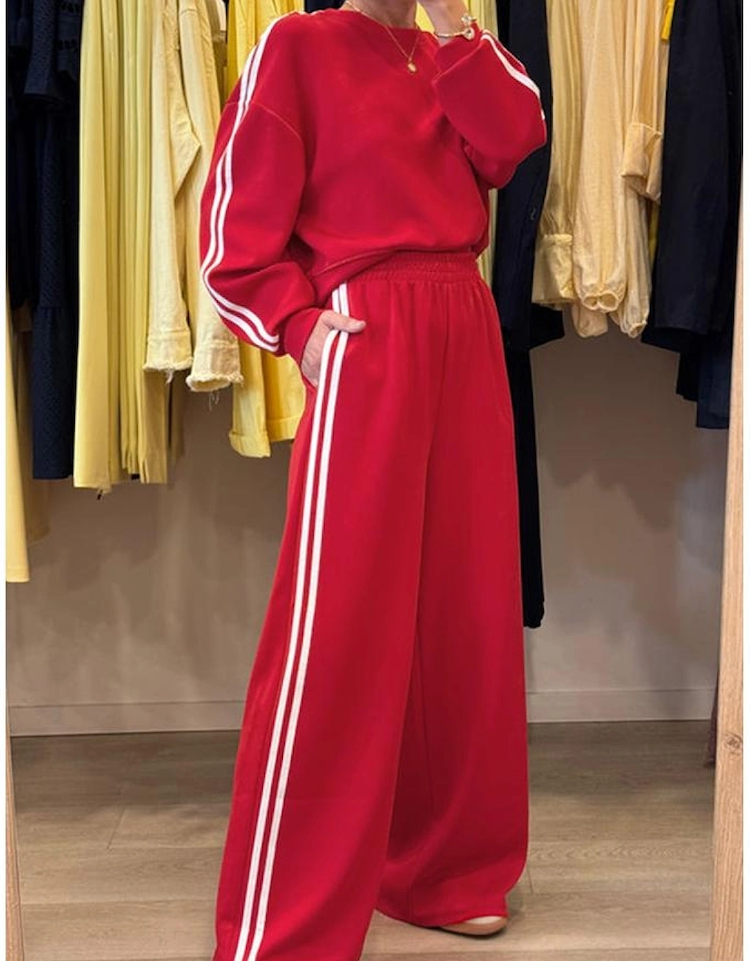 Fiery Red Varsity Striped Detail Crewneck Pullover Elastic Sweatpants 2pcs Outfit