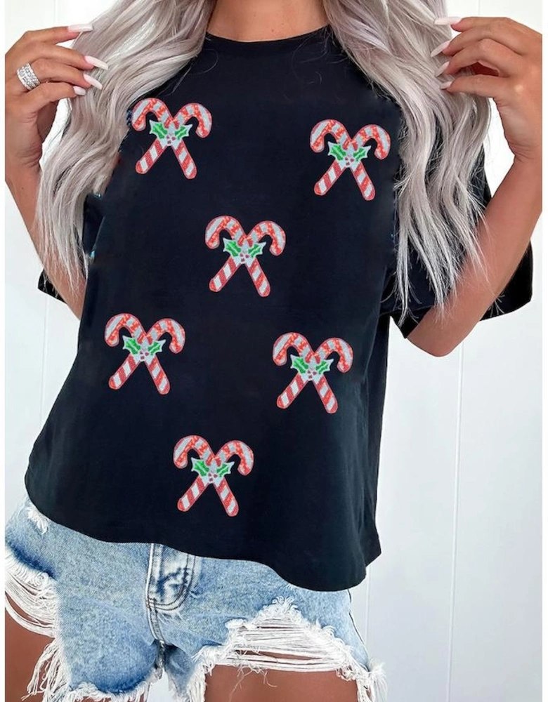Black Holly Candy Cane Christmas Sequin Graphic T Shirt