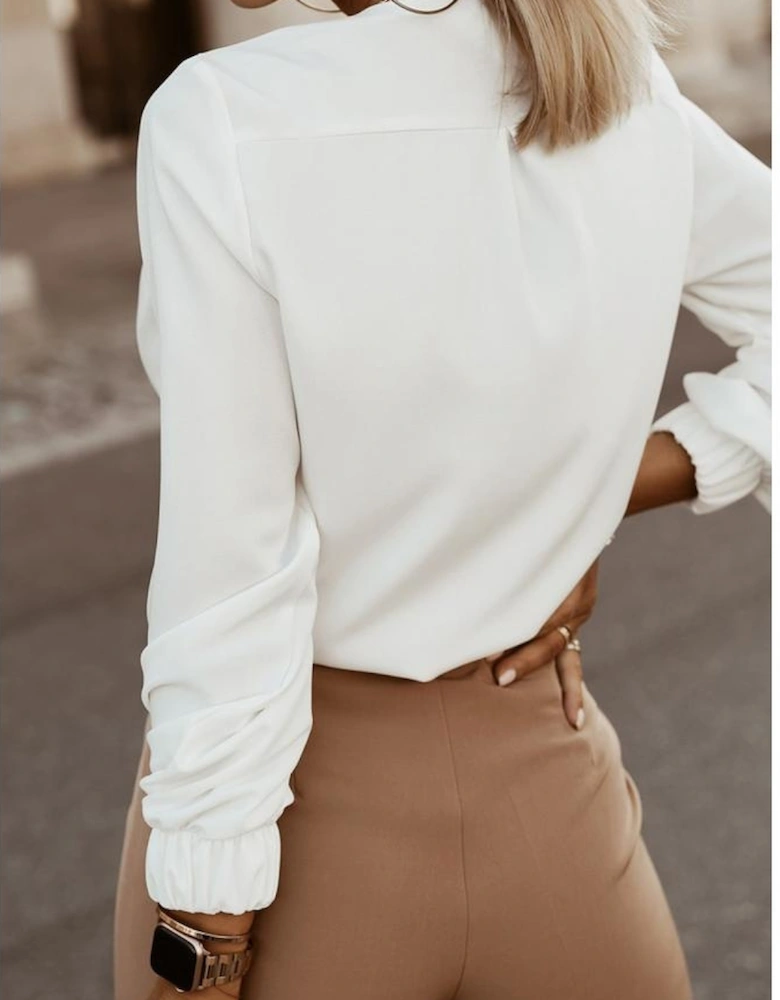 White Crew Neck Gathered Stretch Cuff Shirt