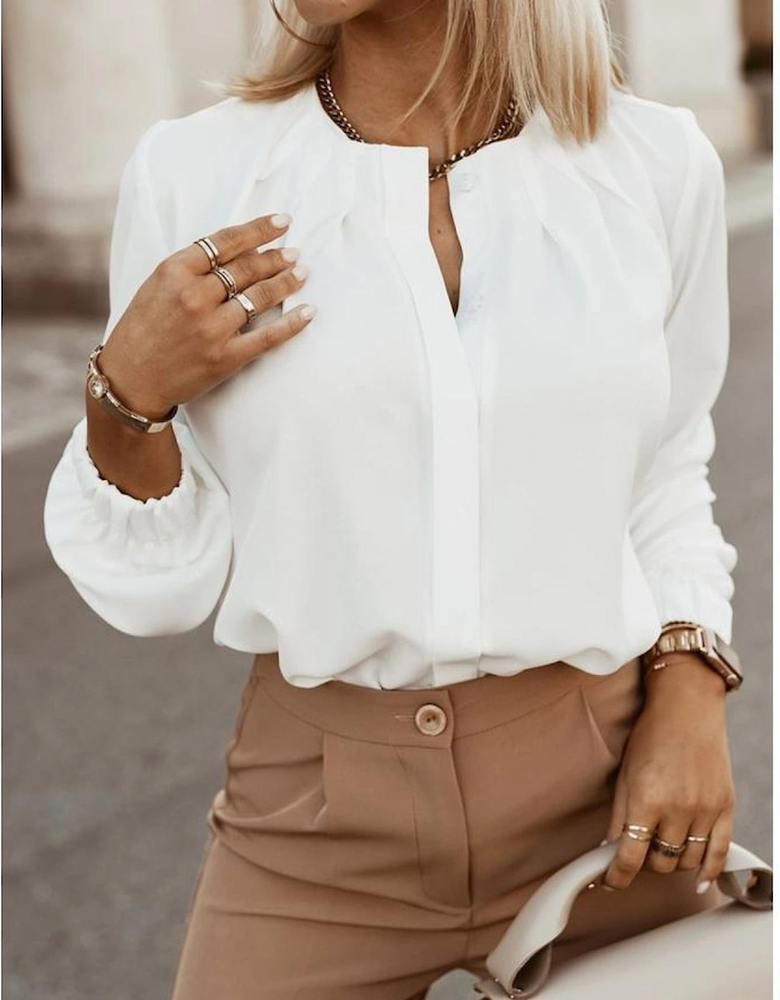 White Crew Neck Gathered Stretch Cuff Shirt