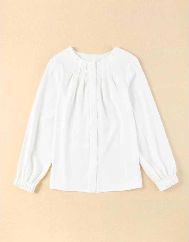 White Crew Neck Gathered Stretch Cuff Shirt