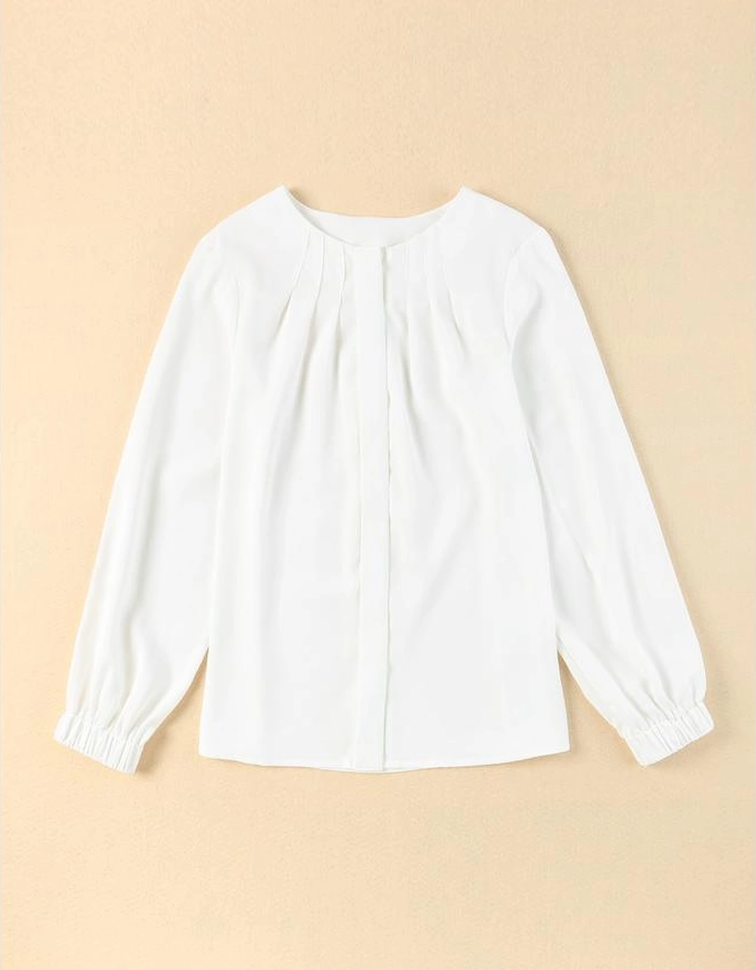 White Crew Neck Gathered Stretch Cuff Shirt