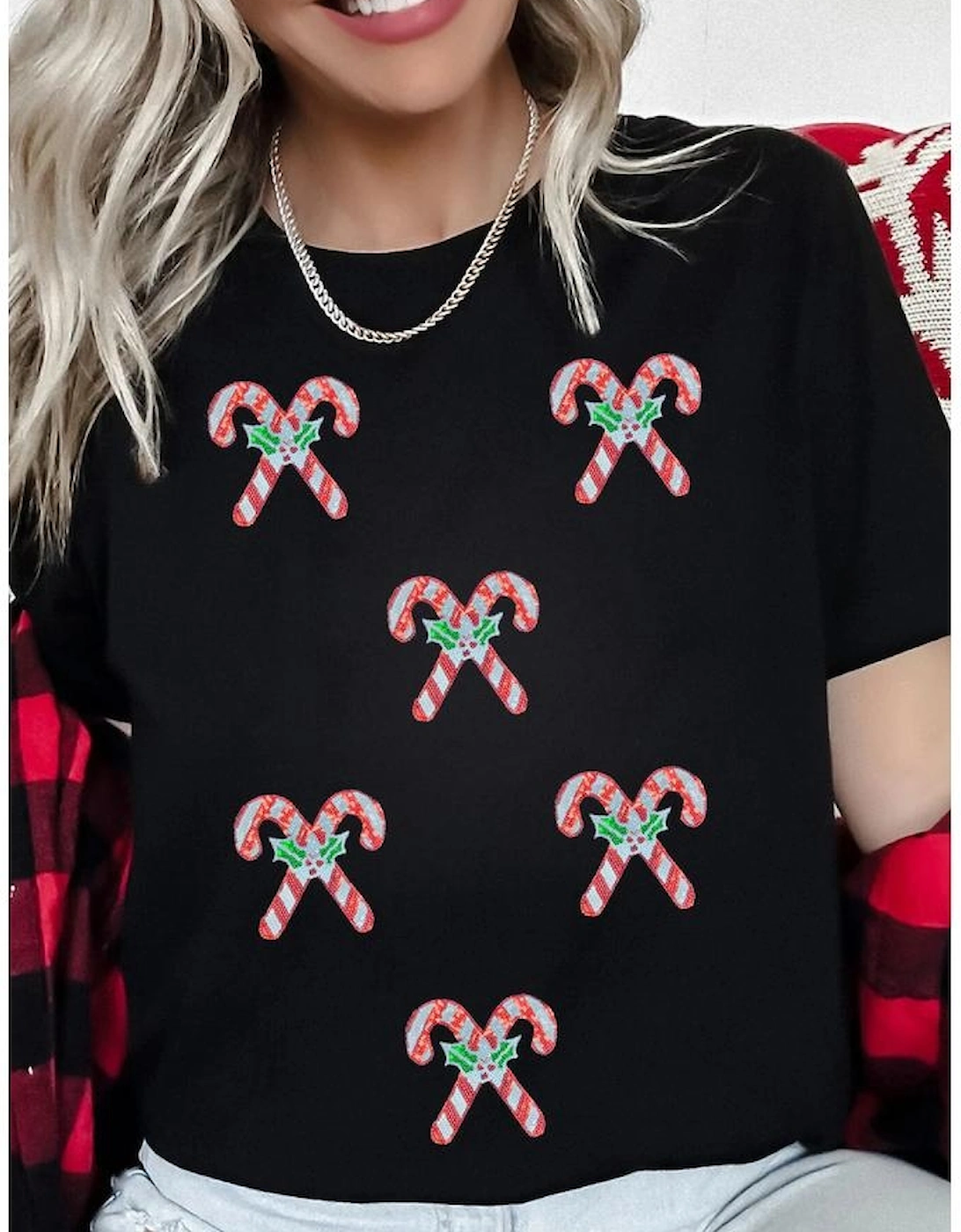 Black Holly Candy Cane Christmas Sequin Graphic T Shirt