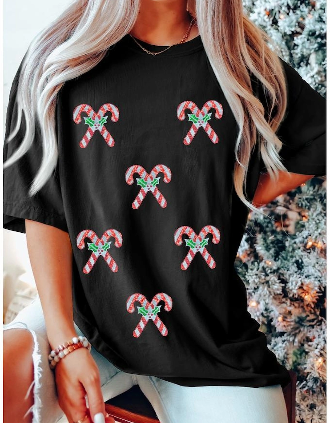 Black Holly Candy Cane Christmas Sequin Graphic T Shirt, 7 of 6