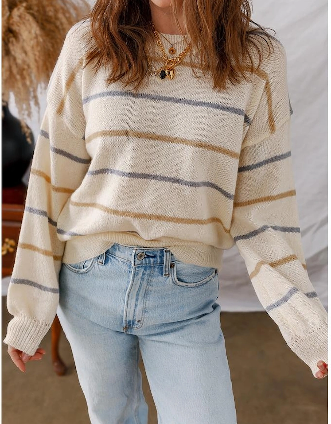 Multicolour Striped Ribbed Edge Drop Shoulder Sweater