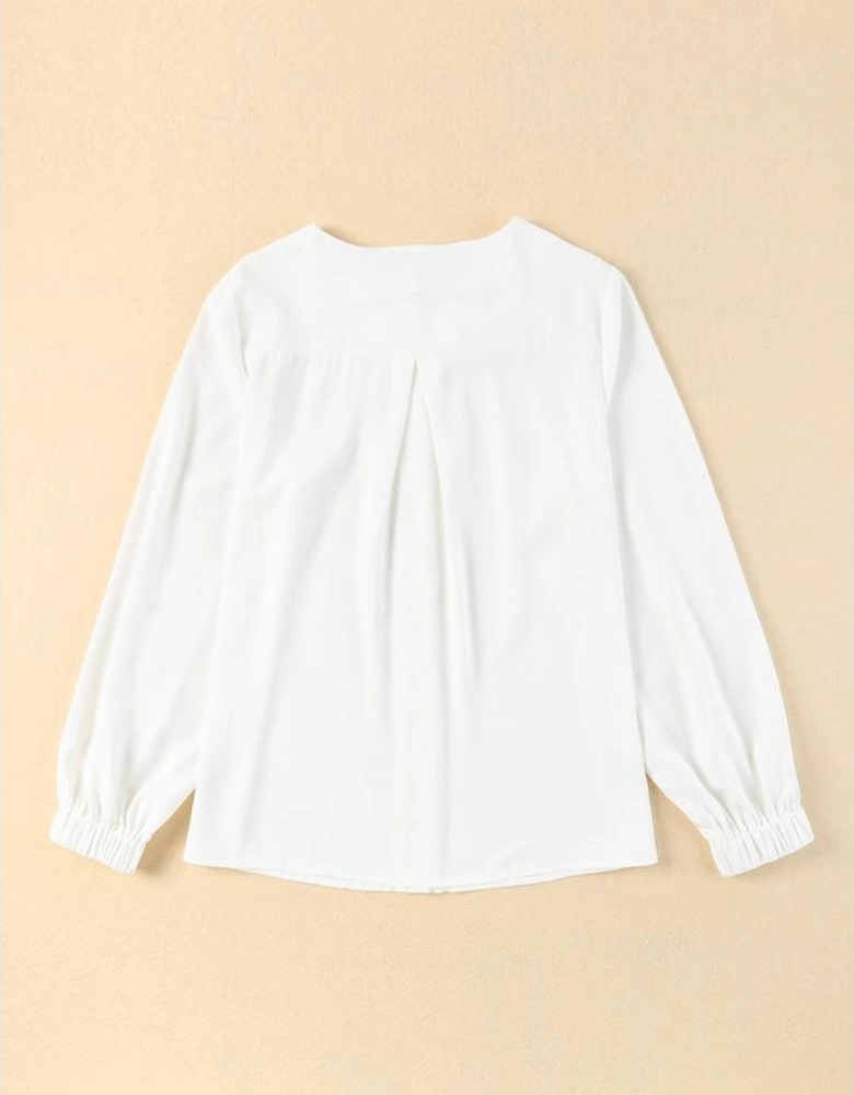 White Crew Neck Gathered Stretch Cuff Shirt