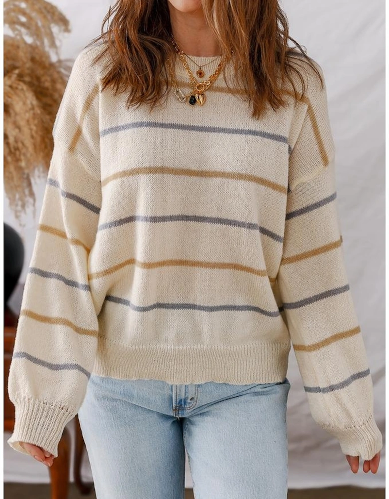 Multicolour Striped Ribbed Edge Drop Shoulder Sweater