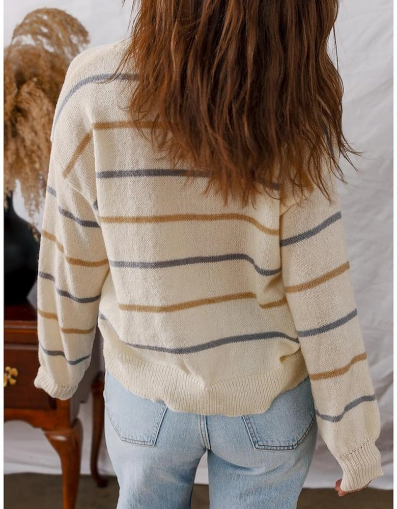 Multicolour Striped Ribbed Edge Drop Shoulder Sweater