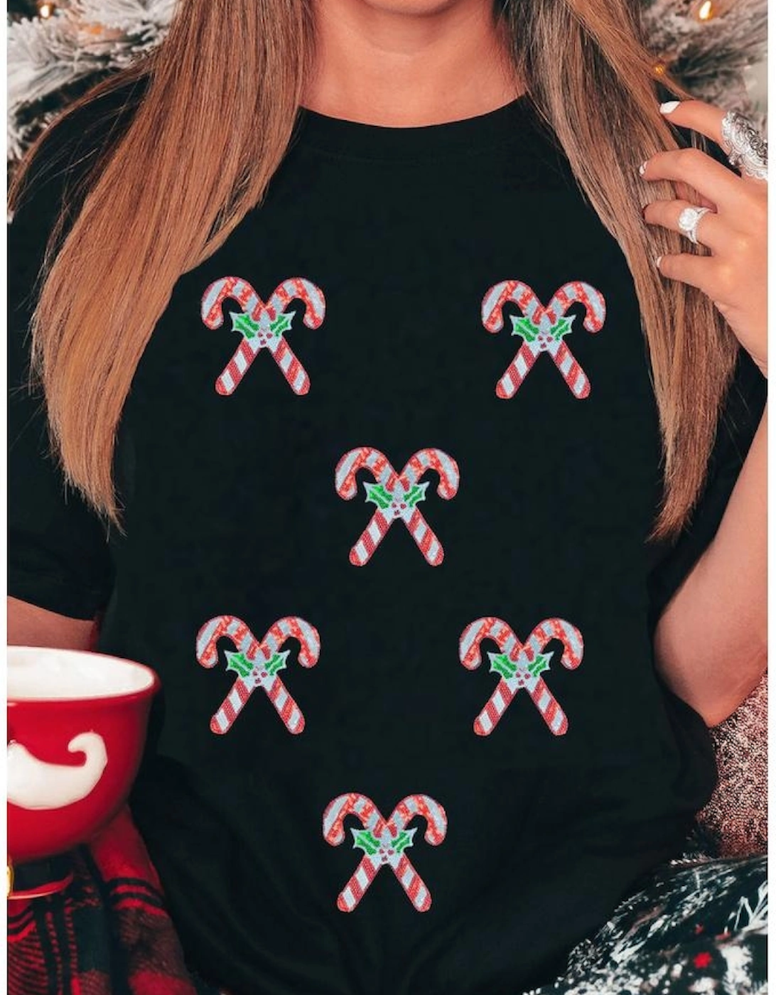 Black Holly Candy Cane Christmas Sequin Graphic T Shirt