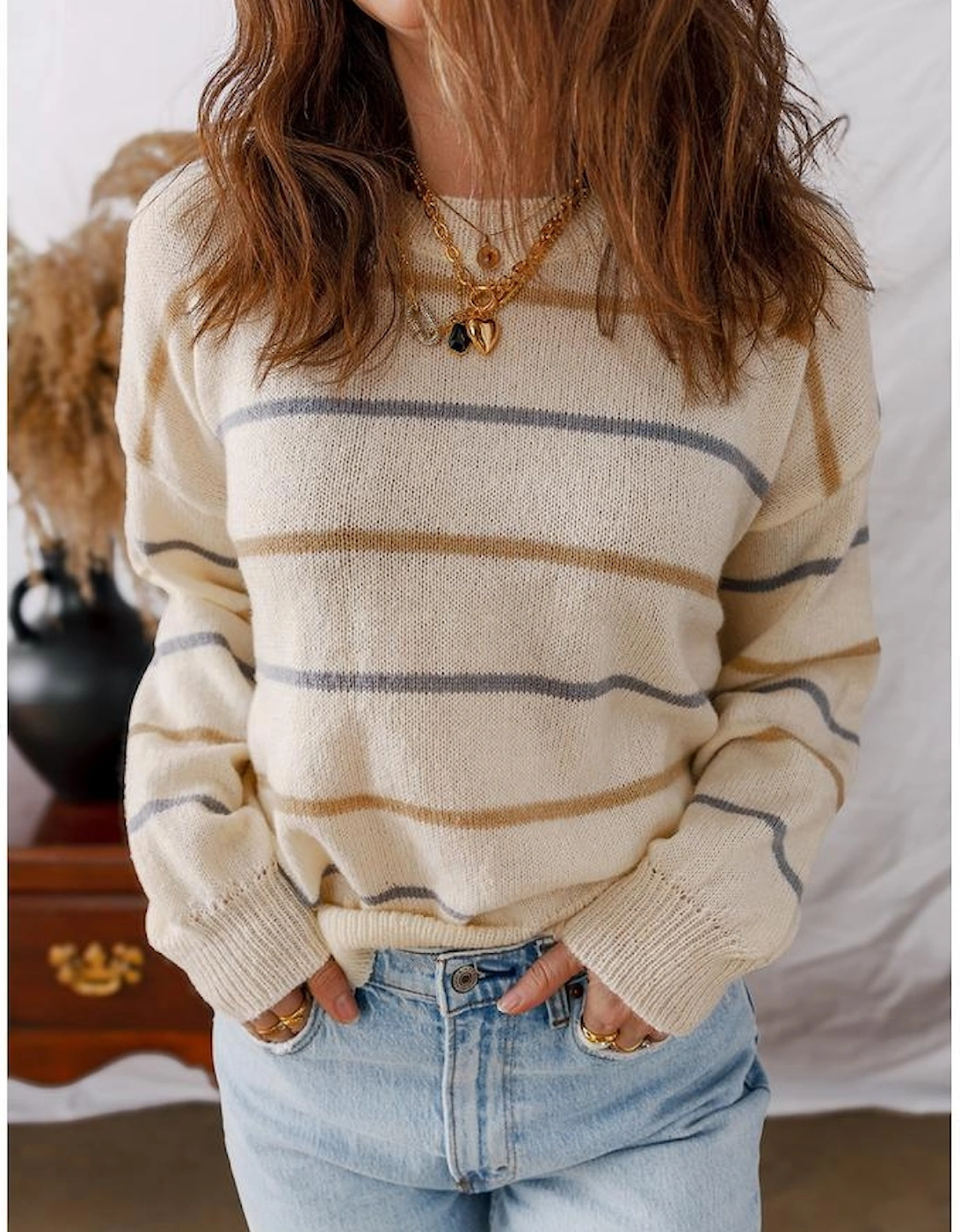 Multicolour Striped Ribbed Edge Drop Shoulder Sweater