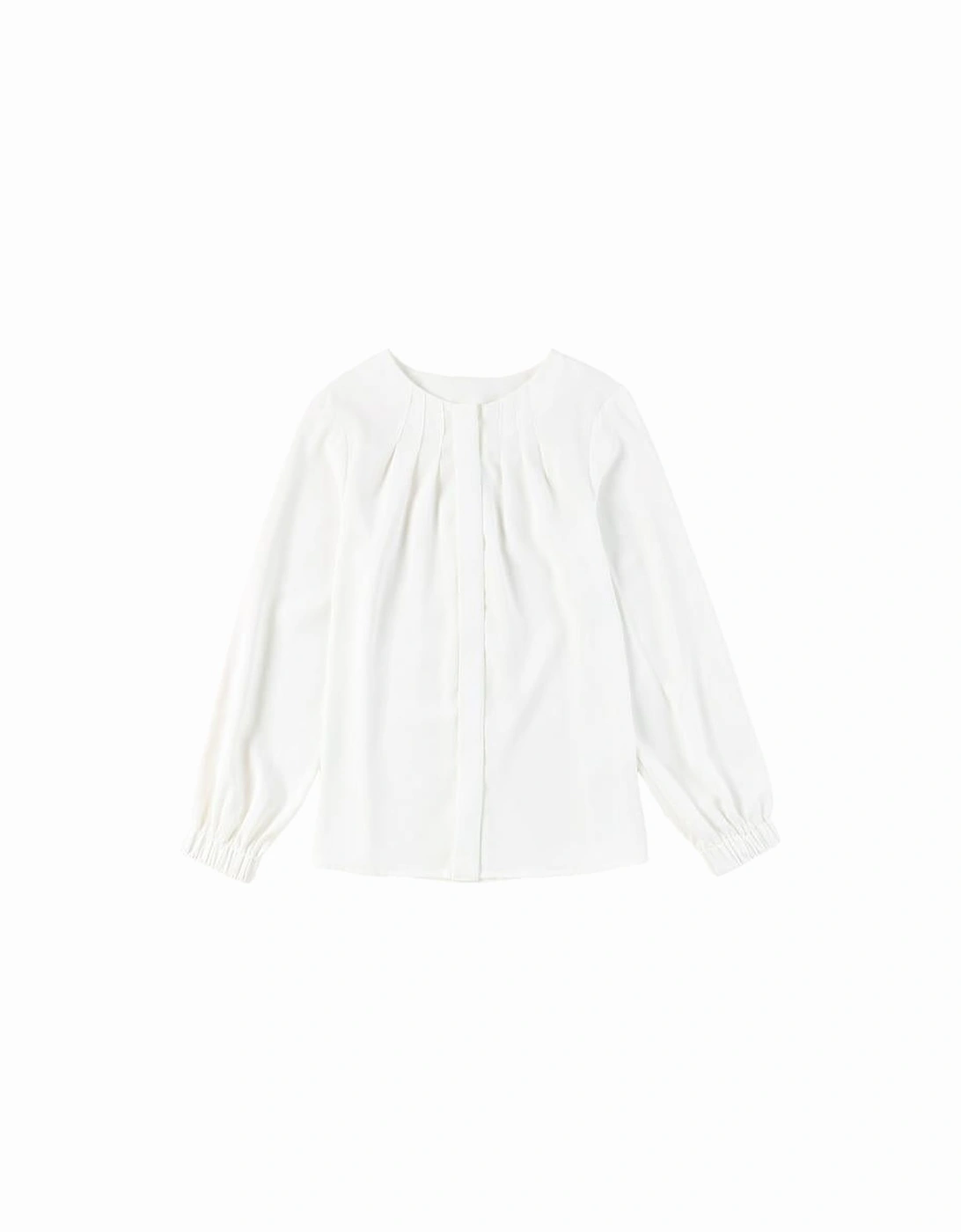 White Crew Neck Gathered Stretch Cuff Shirt