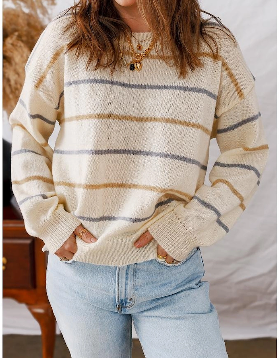 Multicolour Striped Ribbed Edge Drop Shoulder Sweater