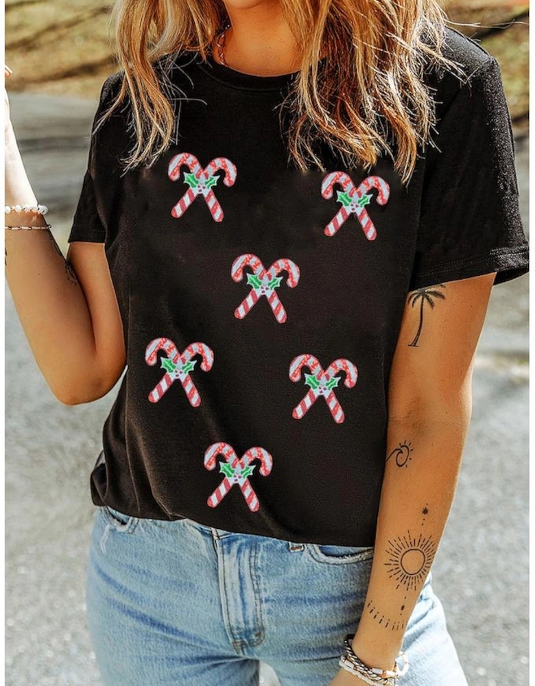 Black Holly Candy Cane Christmas Sequin Graphic T Shirt