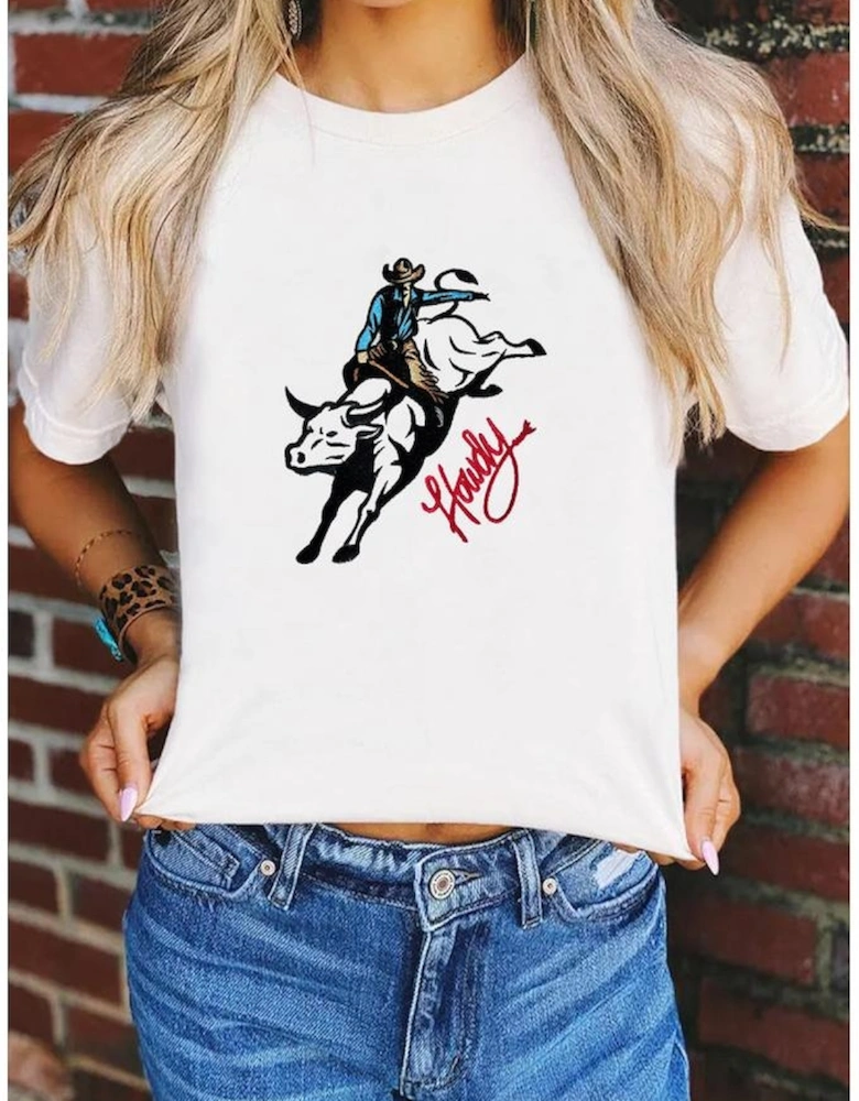 White Cowboy Howdy Embroidered Western Fashion T Shirt