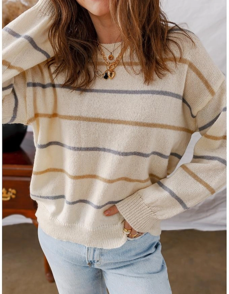 Multicolour Striped Ribbed Edge Drop Shoulder Sweater