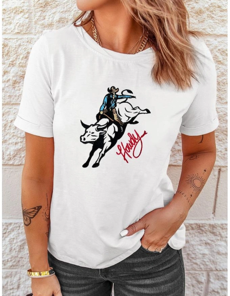 White Cowboy Howdy Embroidered Western Fashion T Shirt