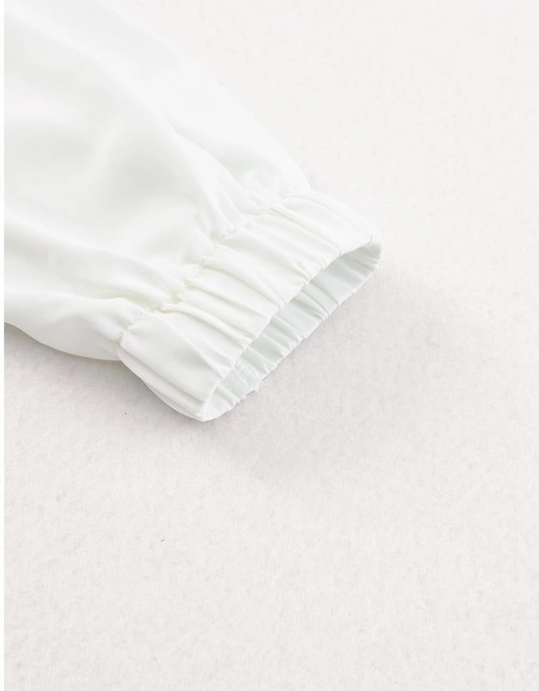 White Crew Neck Gathered Stretch Cuff Shirt