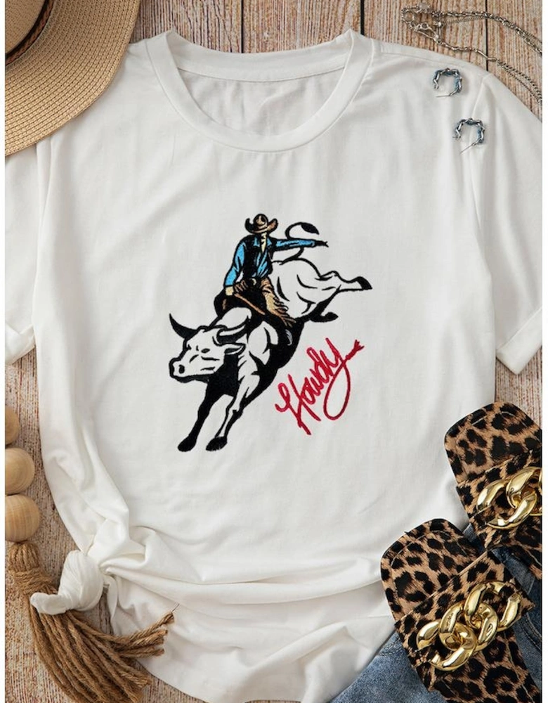 White Cowboy Howdy Embroidered Western Fashion T Shirt