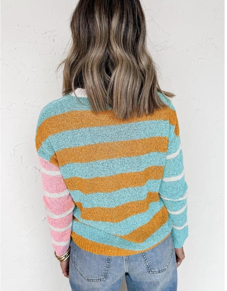 Jurassic Gold Color Block Striped Pullover Sweater
