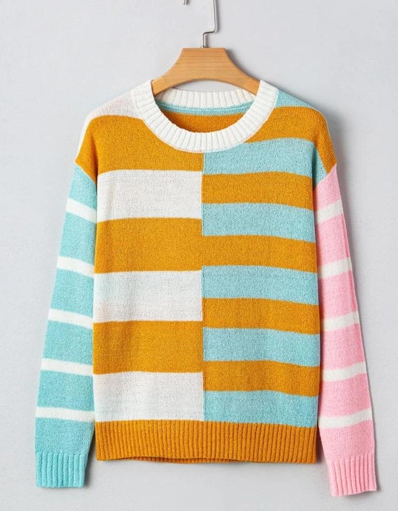 Jurassic Gold Color Block Striped Pullover Sweater