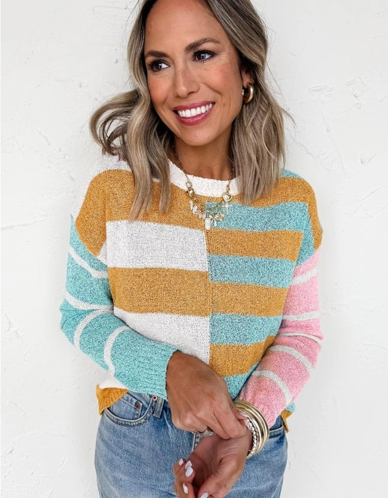 Jurassic Gold Color Block Striped Pullover Sweater