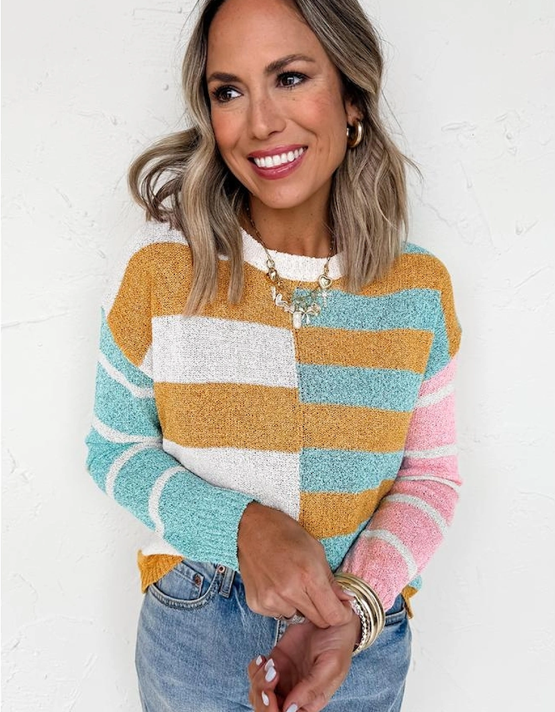 Jurassic Gold Color Block Striped Pullover Sweater