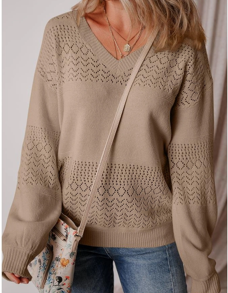 Camel Eyelet Pattern Detail V Neck Drop Shoulder Sweater