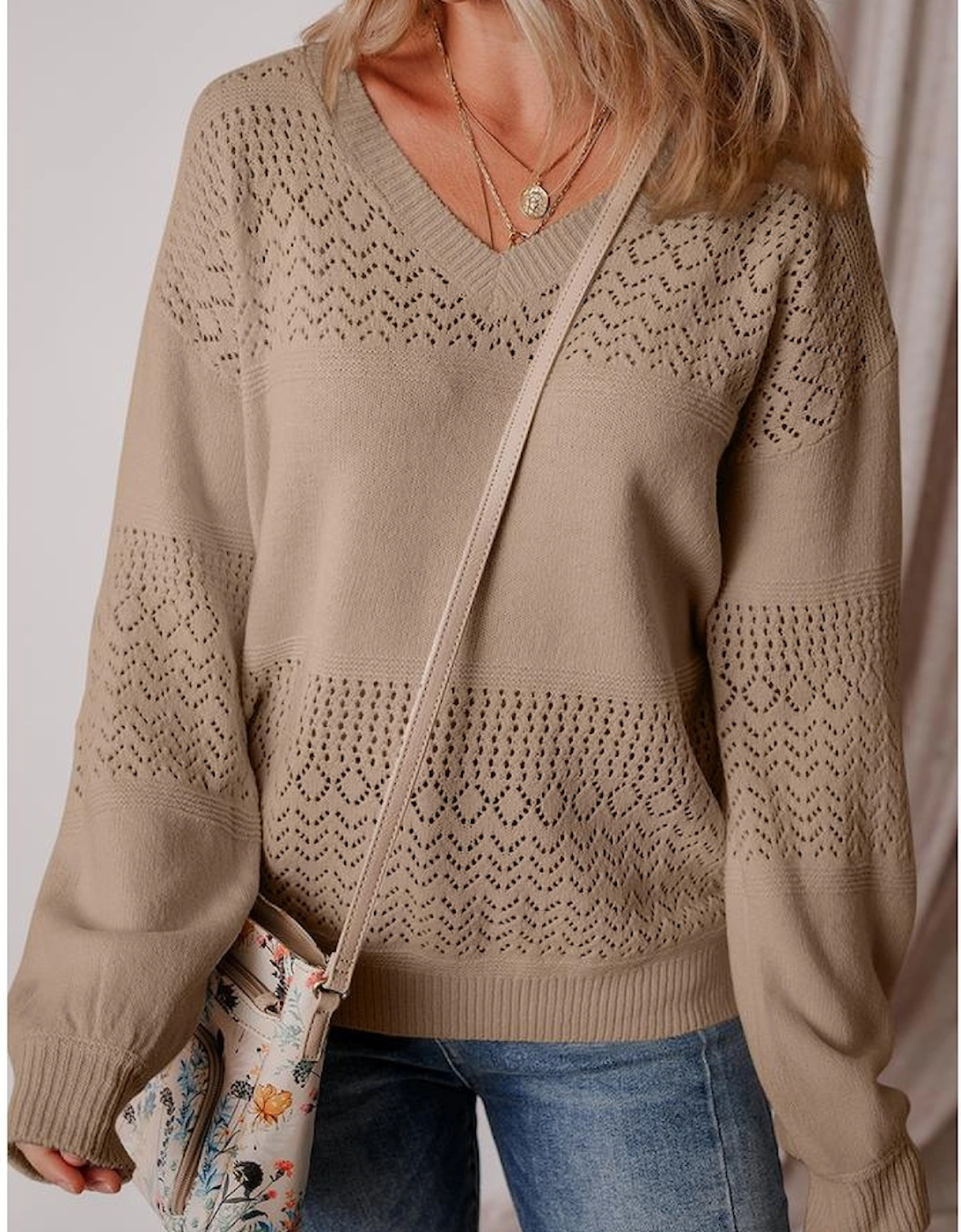 Camel Eyelet Pattern Detail V Neck Drop Shoulder Sweater, 16 of 15