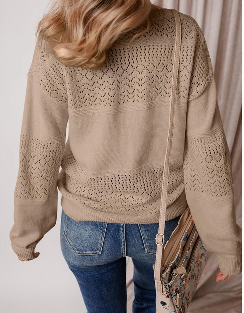 Camel Eyelet Pattern Detail V Neck Drop Shoulder Sweater