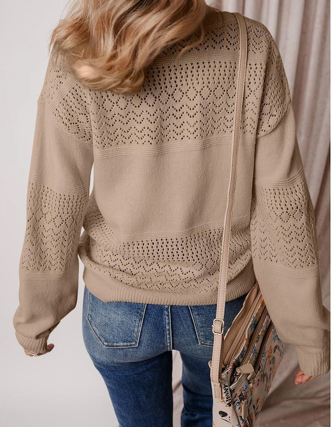 Camel Eyelet Pattern Detail V Neck Drop Shoulder Sweater