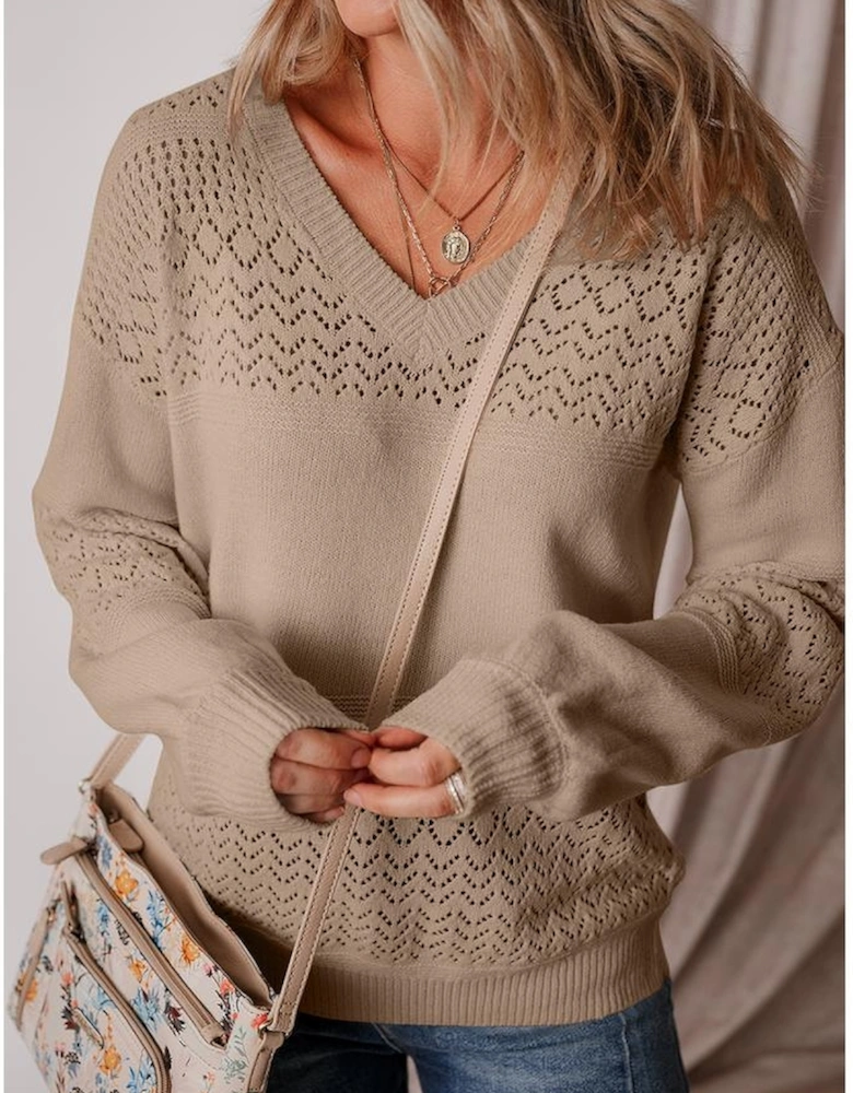 Camel Eyelet Pattern Detail V Neck Drop Shoulder Sweater