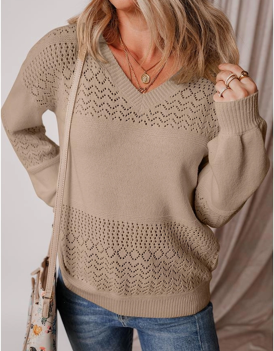 Camel Eyelet Pattern Detail V Neck Drop Shoulder Sweater