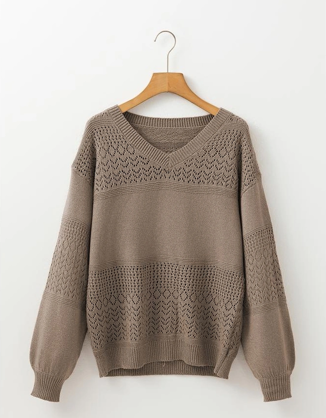 Camel Eyelet Pattern Detail V Neck Drop Shoulder Sweater
