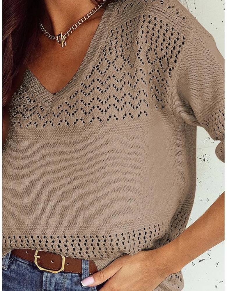 Camel Eyelet Pattern Detail V Neck Drop Shoulder Sweater