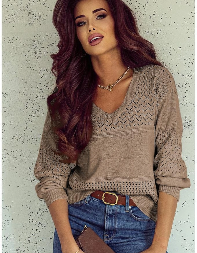 Camel Eyelet Pattern Detail V Neck Drop Shoulder Sweater