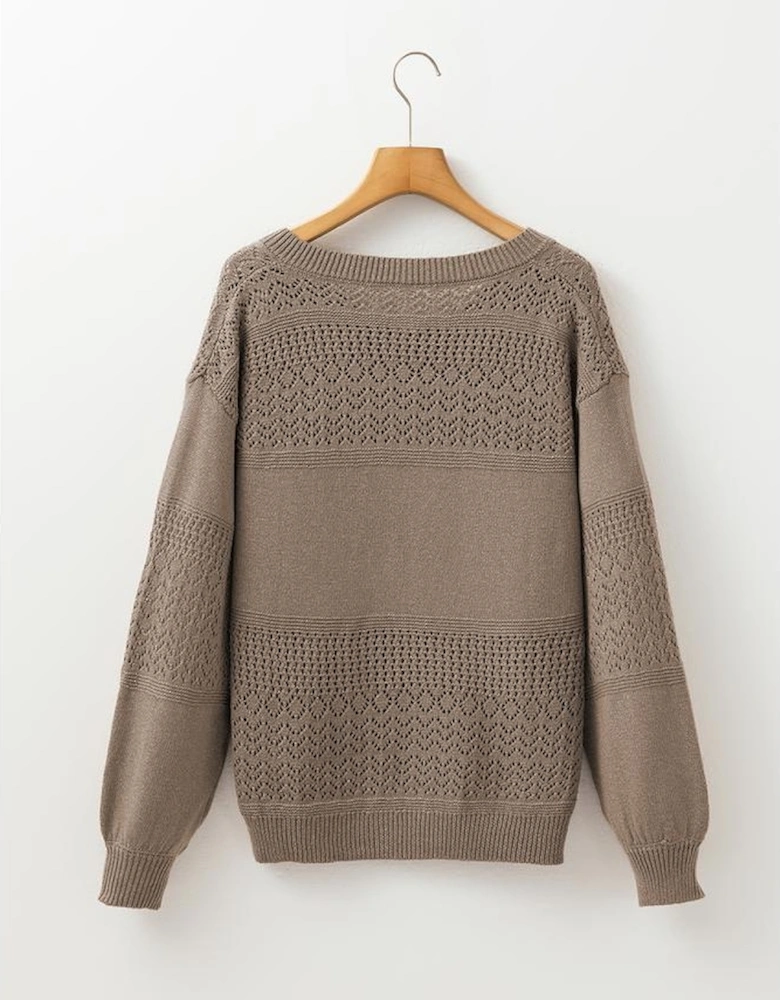 Camel Eyelet Pattern Detail V Neck Drop Shoulder Sweater
