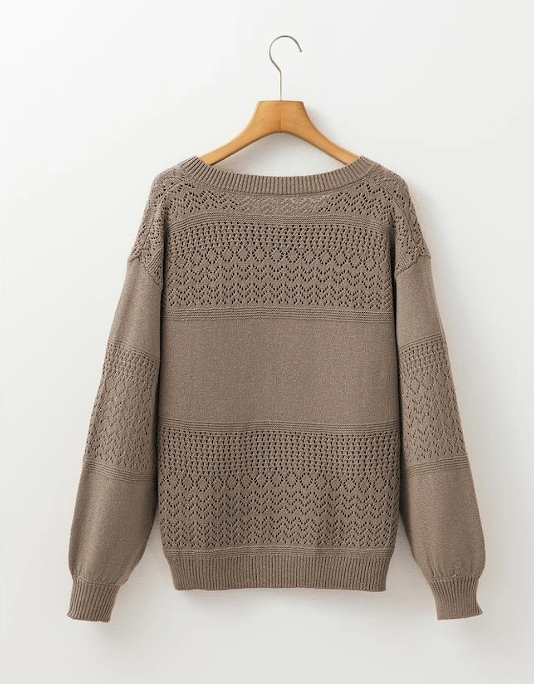 Camel Eyelet Pattern Detail V Neck Drop Shoulder Sweater