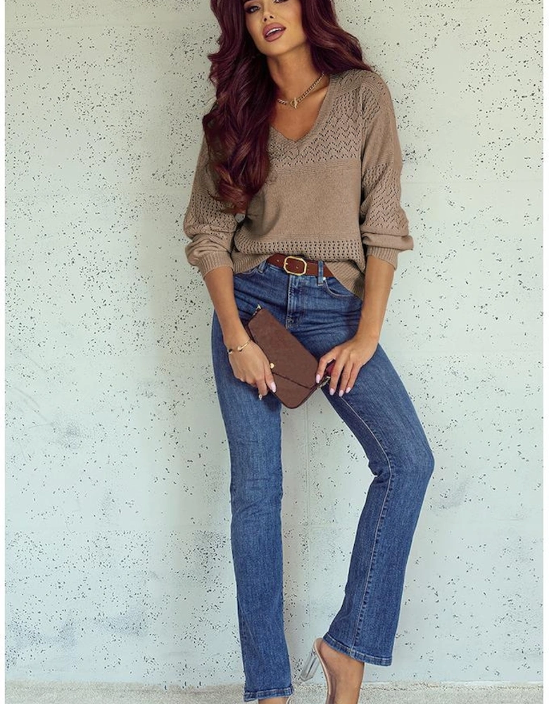 Camel Eyelet Pattern Detail V Neck Drop Shoulder Sweater