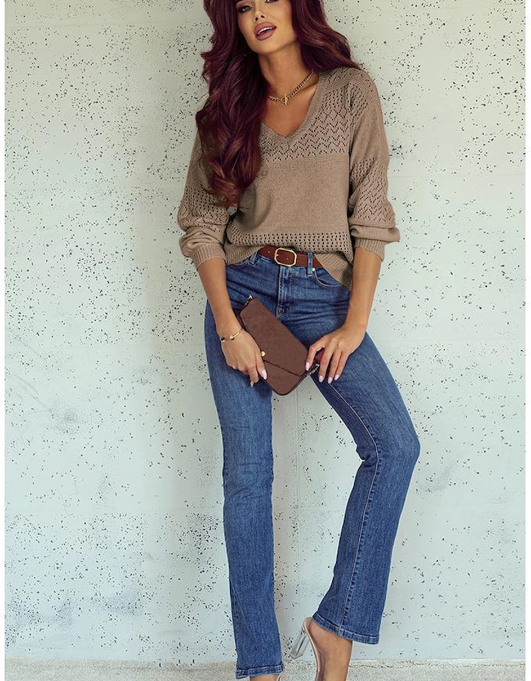 Camel Eyelet Pattern Detail V Neck Drop Shoulder Sweater