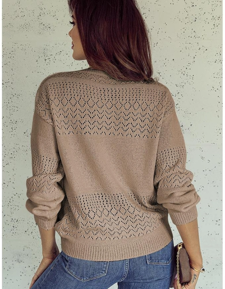Camel Eyelet Pattern Detail V Neck Drop Shoulder Sweater