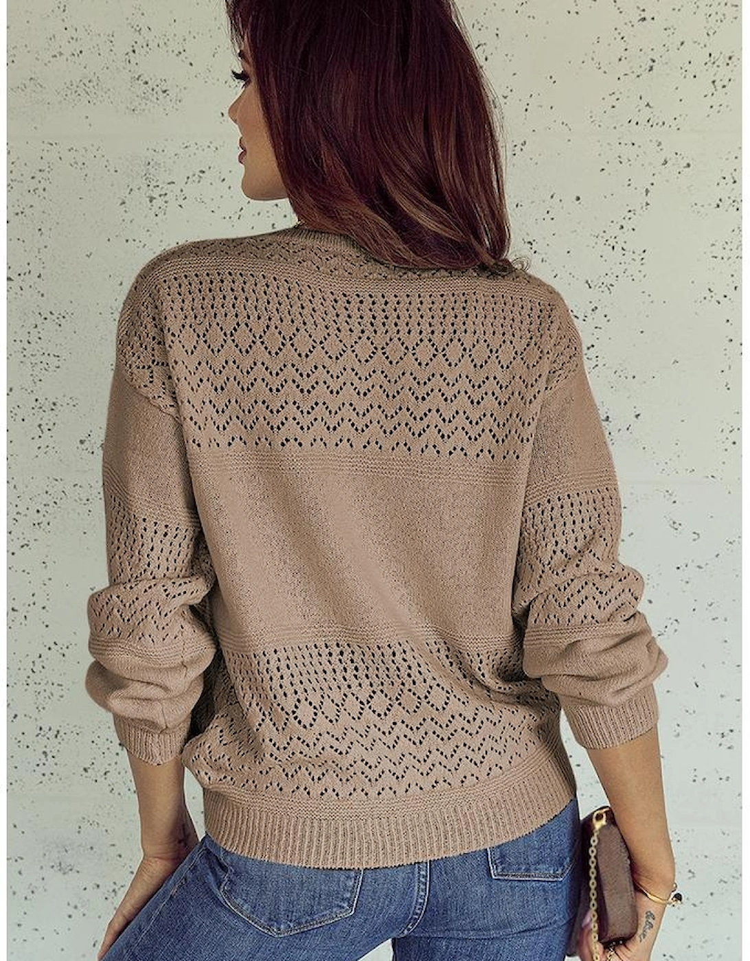 Camel Eyelet Pattern Detail V Neck Drop Shoulder Sweater