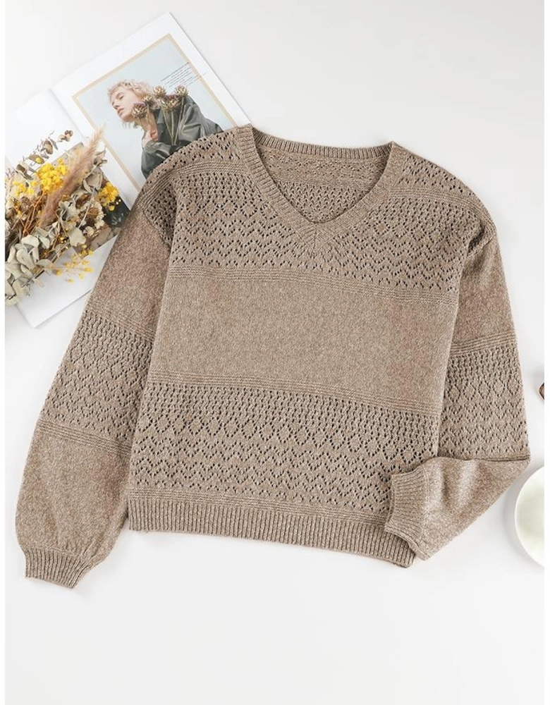 Camel Eyelet Pattern Detail V Neck Drop Shoulder Sweater