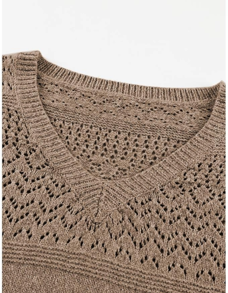 Camel Eyelet Pattern Detail V Neck Drop Shoulder Sweater